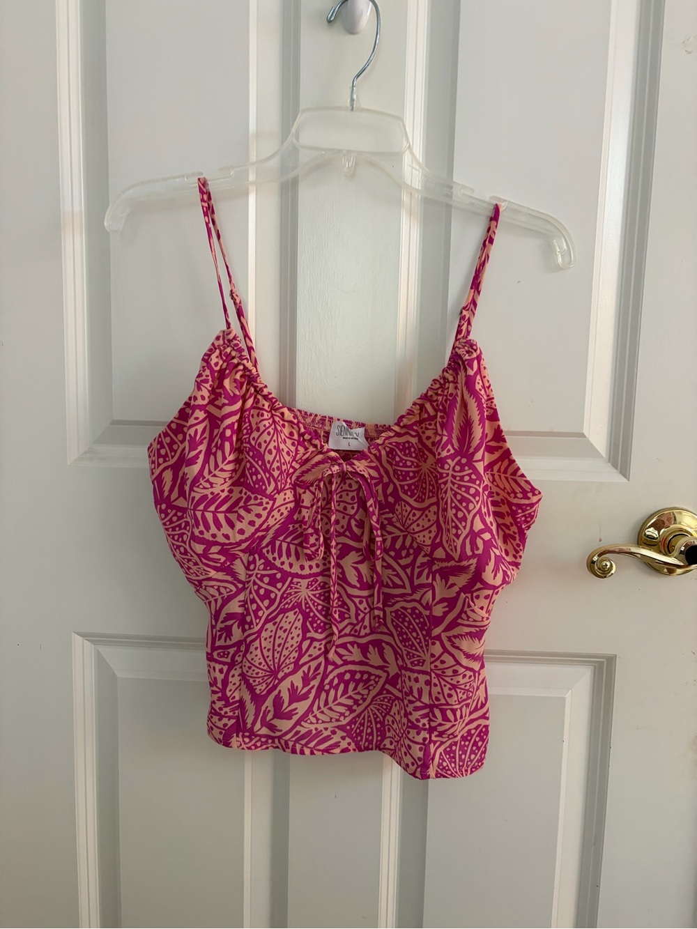 T.J.Maxx Pink and Cream Leaf-Print Spaghetti Strap Tank